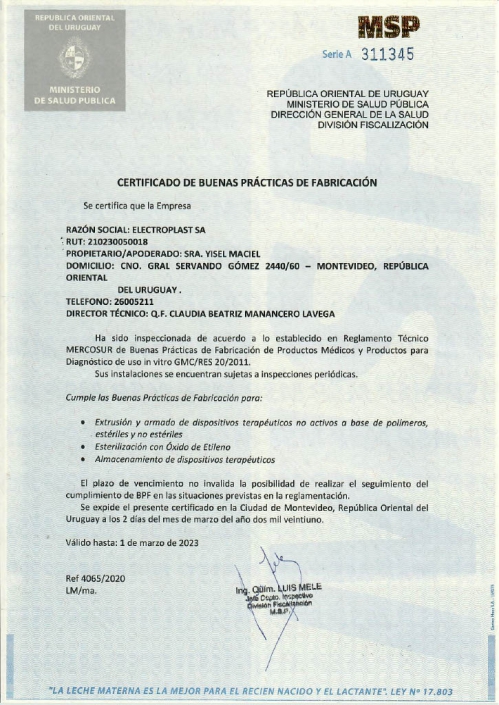 Certificado de Calidad GMP/BPF Electroplast MSP Uruguay